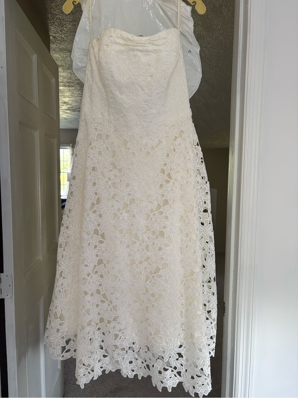 David’s Bridal Strapless Floral Lace Midi Dress in Ivory